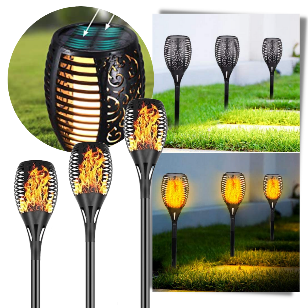 Lanterna solar com LED e efeito de chama, luminária portátil da marca Dsermall, ideal para ambientes externos e decorativos.