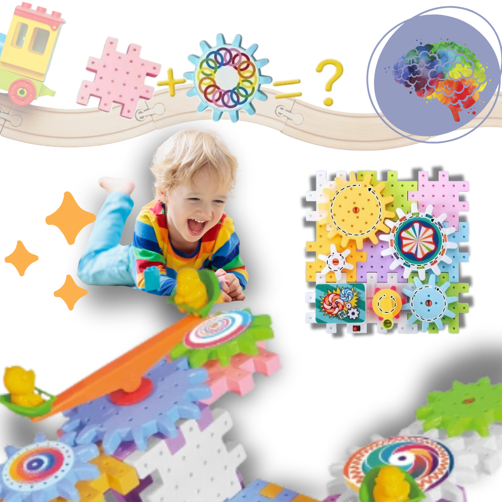 Blocos de construção educativos com engrenagens elétricas da Krazy Gears, estimulando criatividade e habilidades de montagem.