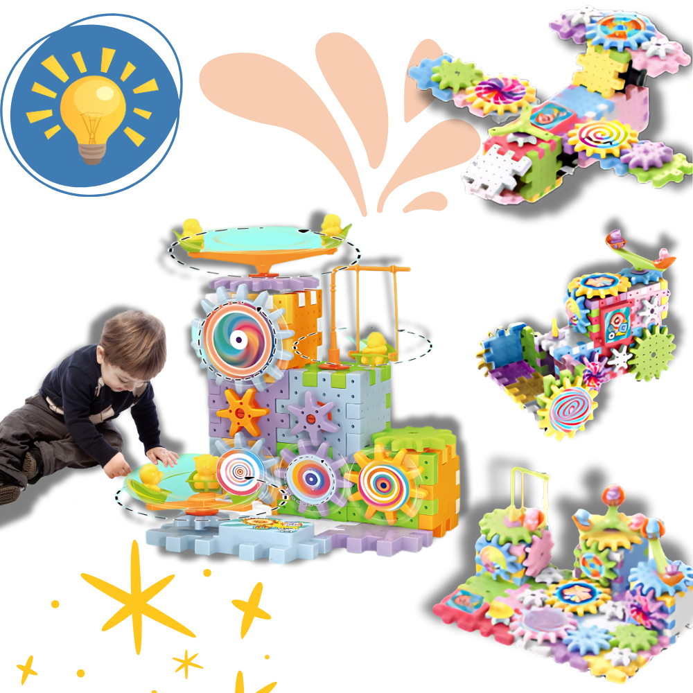 Blocos de construção de engrenagens elétricas Krazy Gears, brinquedo educativo de puzzle com peças para montar engrenagens.