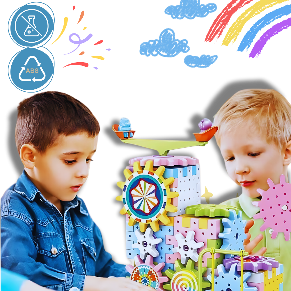 Blocos de construção educativos Krazy Gears com engrenagens elétricas, ideal para jogos de puzzle e aprendizado divertido.