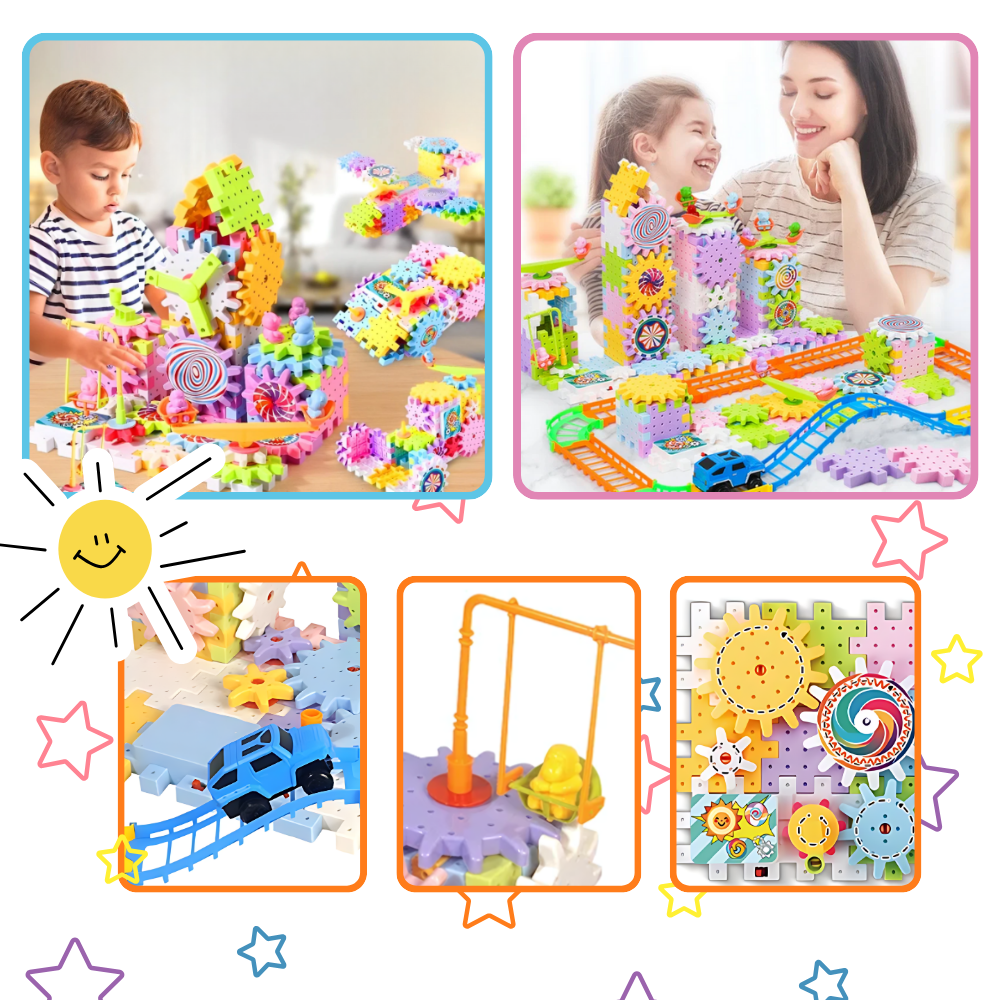 Blocos de montar educativos Krazy Gears com engrenagens elétricas, ideal para jogos de puzzle e desenvolvimento infantil.