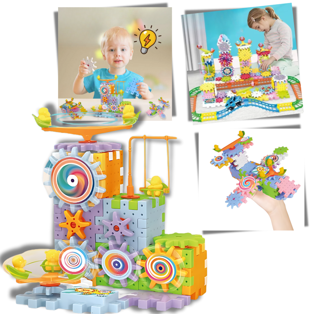 Blocos de construção de engrenagens elétricas do jogo de puzzle Krazy Gears para aprendizado educativo e diversão.