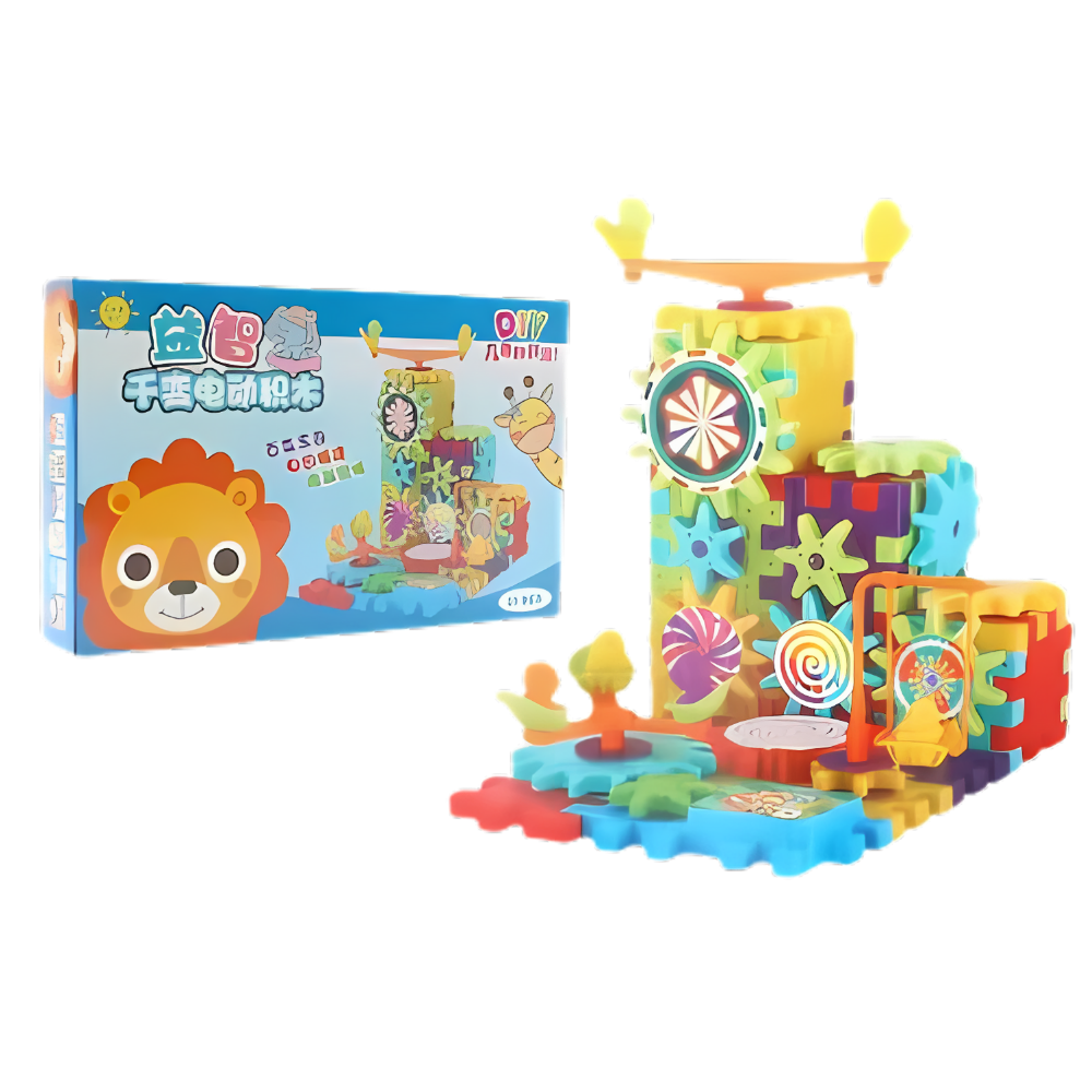 Blocos de construção de brinquedo educativo Krazy Gears com engrenagens elétricas e tema de leão, para montar e aprender.