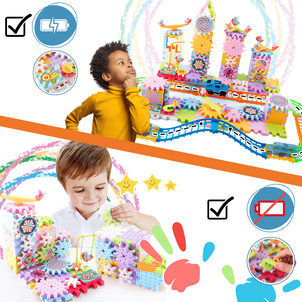 Blocos de construção educacionais Krazy Gears com engrenagens elétricas para montagem de puzzles e aprendizado de mecanismos.