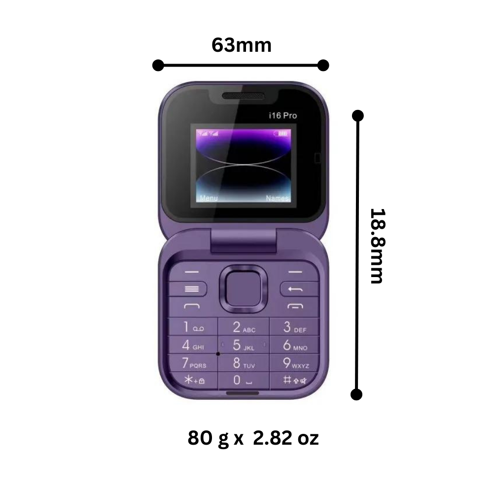 Telefone portátil dobrável dual SIM da Broisae, exibindo dimensões compactas e design dobrável para fácil transporte.