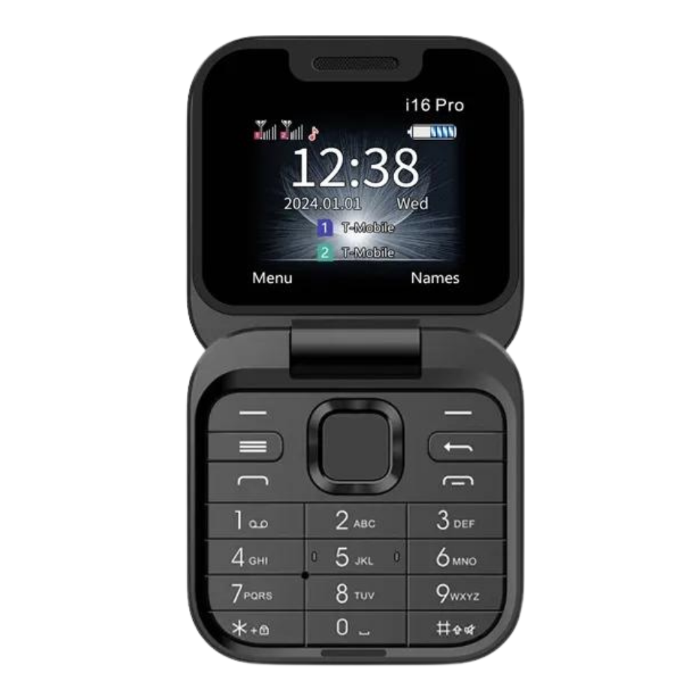 Telefone móvel dobrável dual SIM da Broisae, cor preta, exibido aberto com tela pequena e botões físicos.