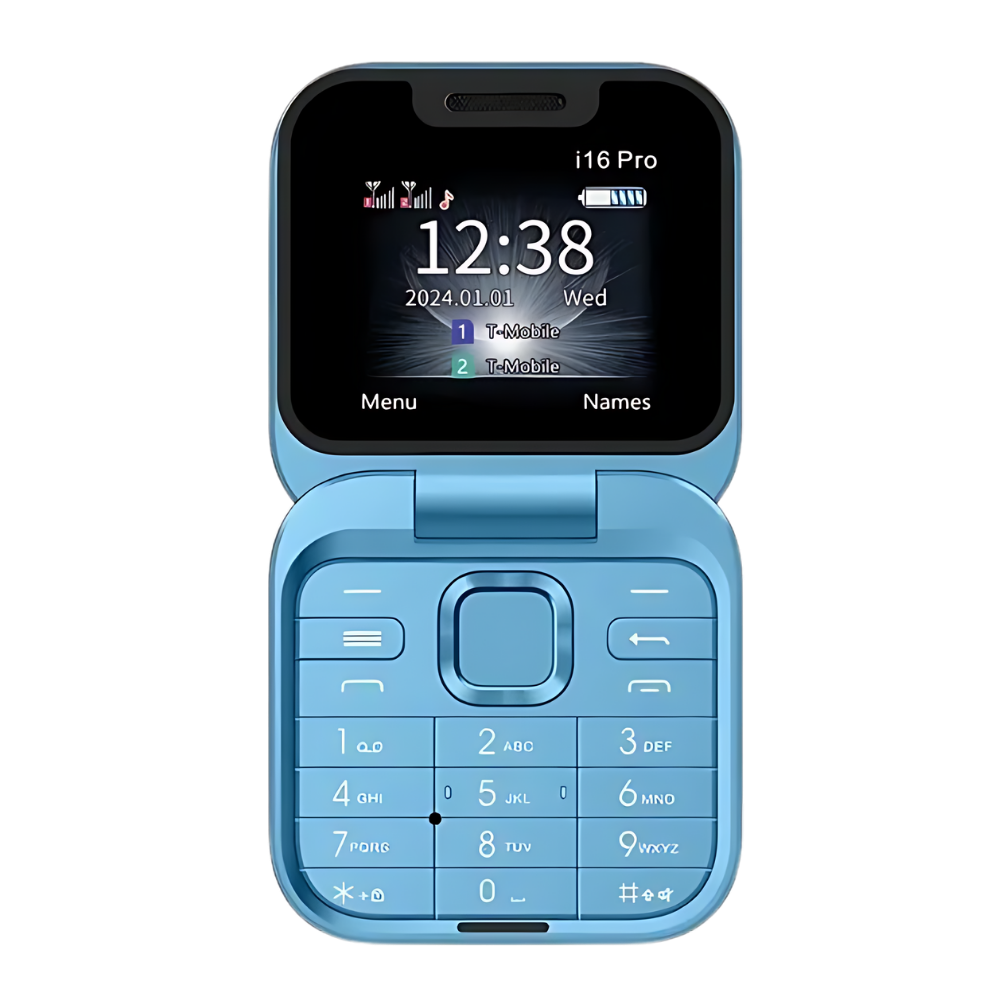 Telefone portátil dobrável Dual Sim Broisae, cor azul, com tela pequena e design compacto para uso diário.