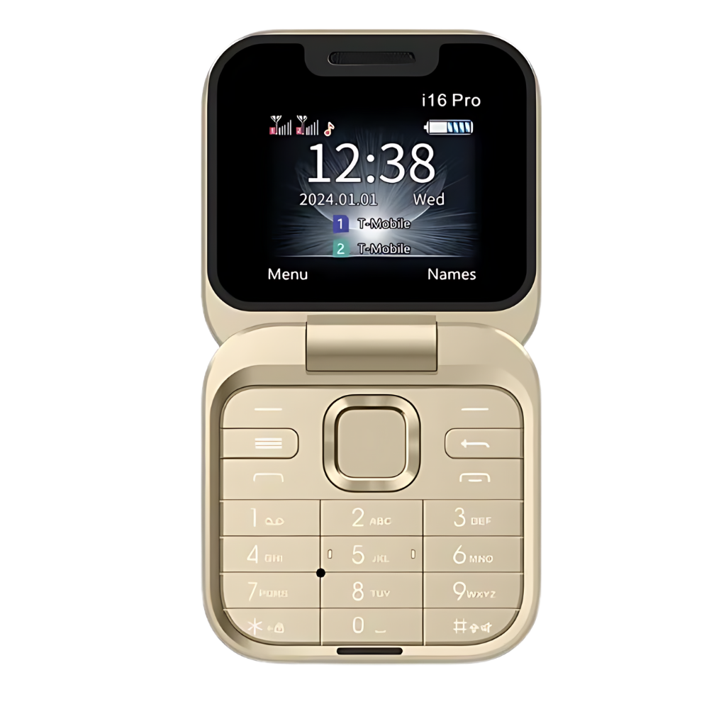 Telefone portátil dobrável Dual SIM Broisae em cor dourada, com tela pequena e design compacto.