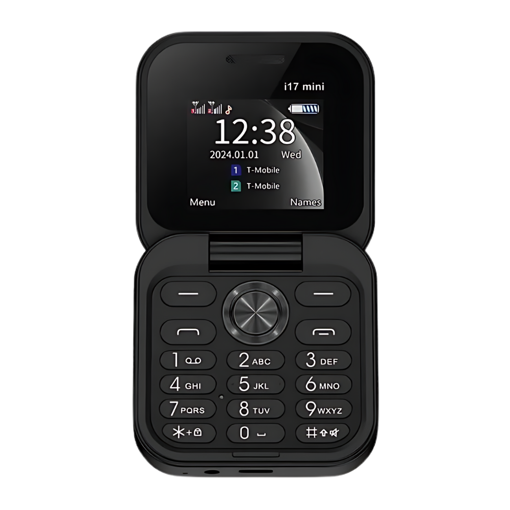 Telefone móvel dobrável Dual SIM Broisae em preto, com tela compacta e design dobrável para fácil transporte e uso diário.
