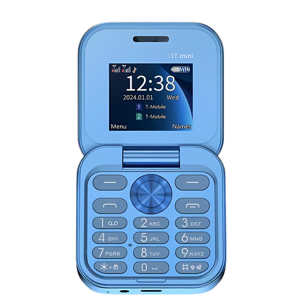 Telefone celular dobrável dual SIM da Broisae, compacto, azul, com tela pequena e design portátil para uso fácil.