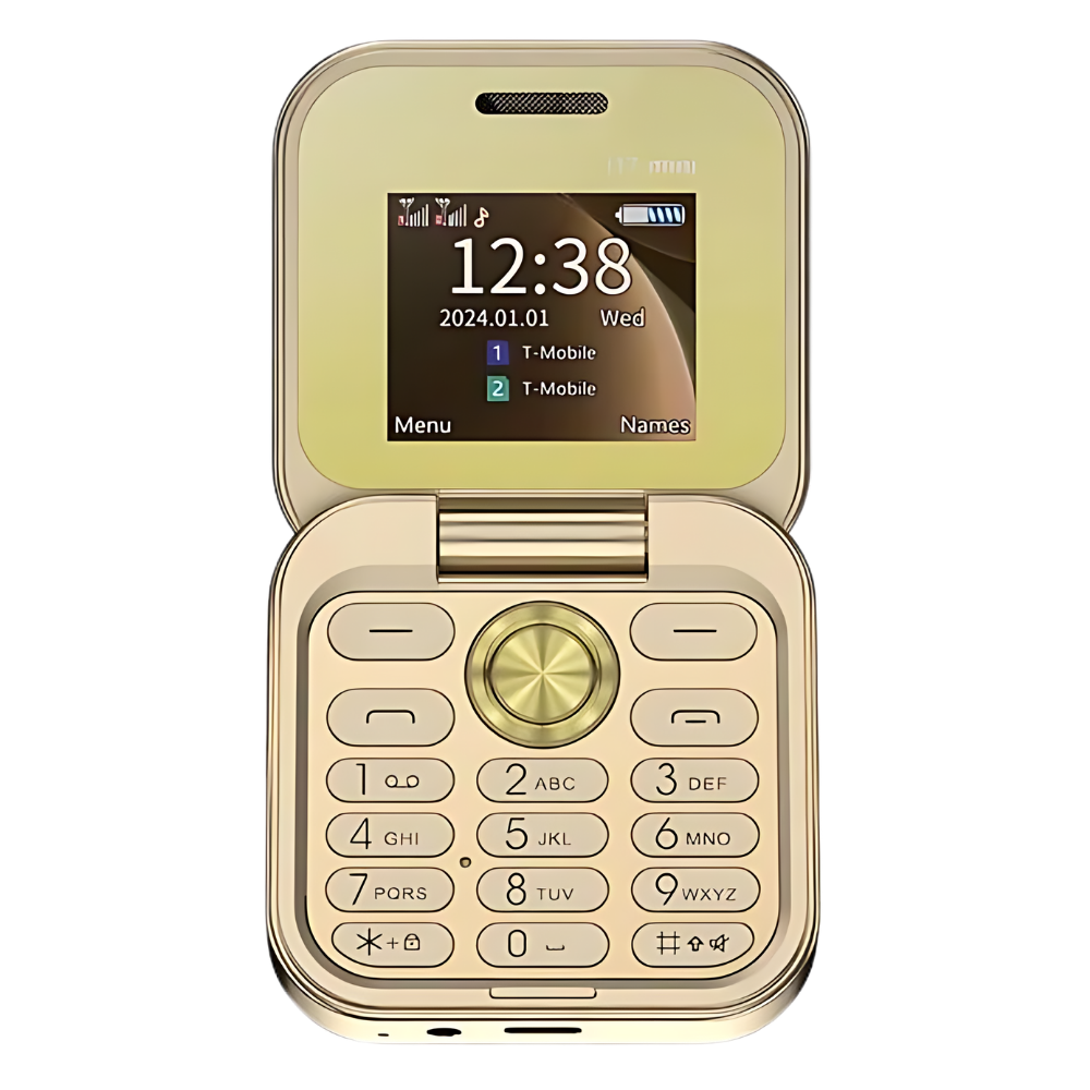 Telefone portátil dobrável Dual SIM Broisae dourado, com tela compacta e design dobrável, perfeito para uso prático e conveniente.