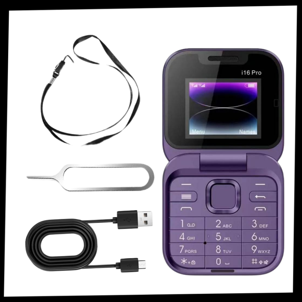 Telefone portátil dobrável Broisae com dual SIM, mostrando o aparelho compacto e embalagem do produto.
