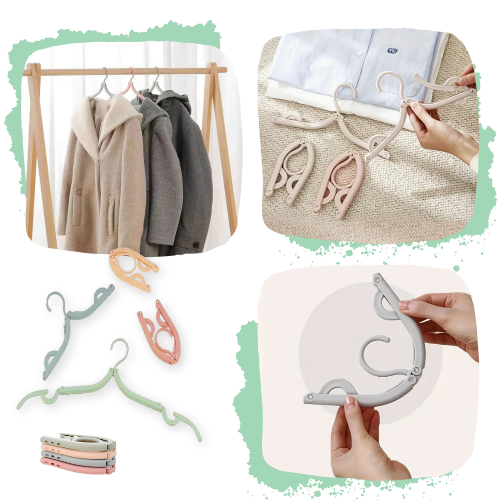 Cabides dobráveis de dupla medida para roupas, marca AB00130, feitos para facilitar a organização na lavanderia.