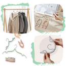 Cabides dobráveis de dupla medida para roupas, marca AB00130, feitos para facilitar a organização na lavanderia.