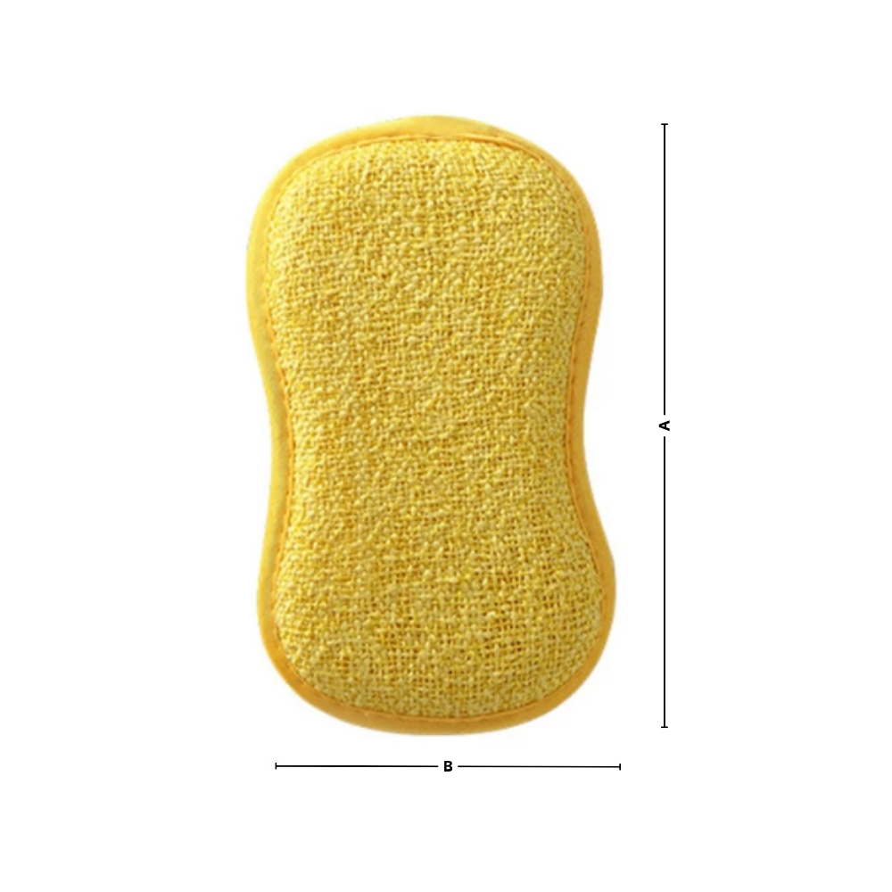 Esponja de limpeza de cozinha durável e reutilizável da marca Dechoicelife, mostrada com dimensões para lavagem doméstica.