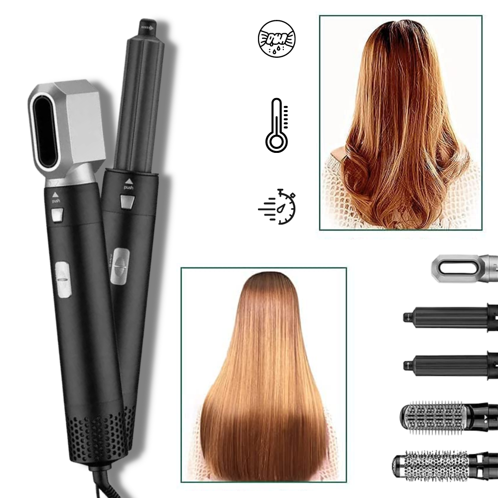 Conjunto de cuidados capilares Duztion 5 em 1 com acessórios para alisar, modelar e cuidar dos cabelos em uma imagem colorida.