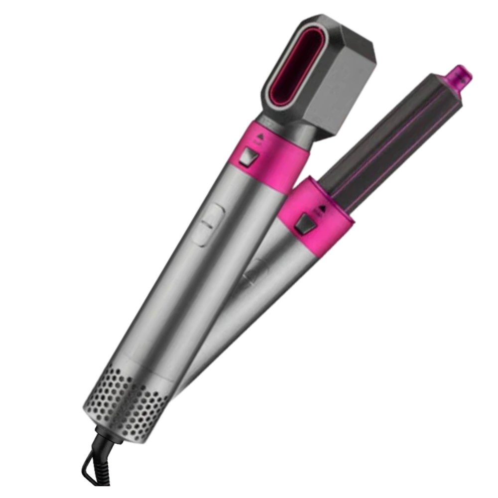 Conjunto de cuidados capilares Duztion com cinco ferramentas de alisamento de cabelo em rosa, ideal para penteados variados.