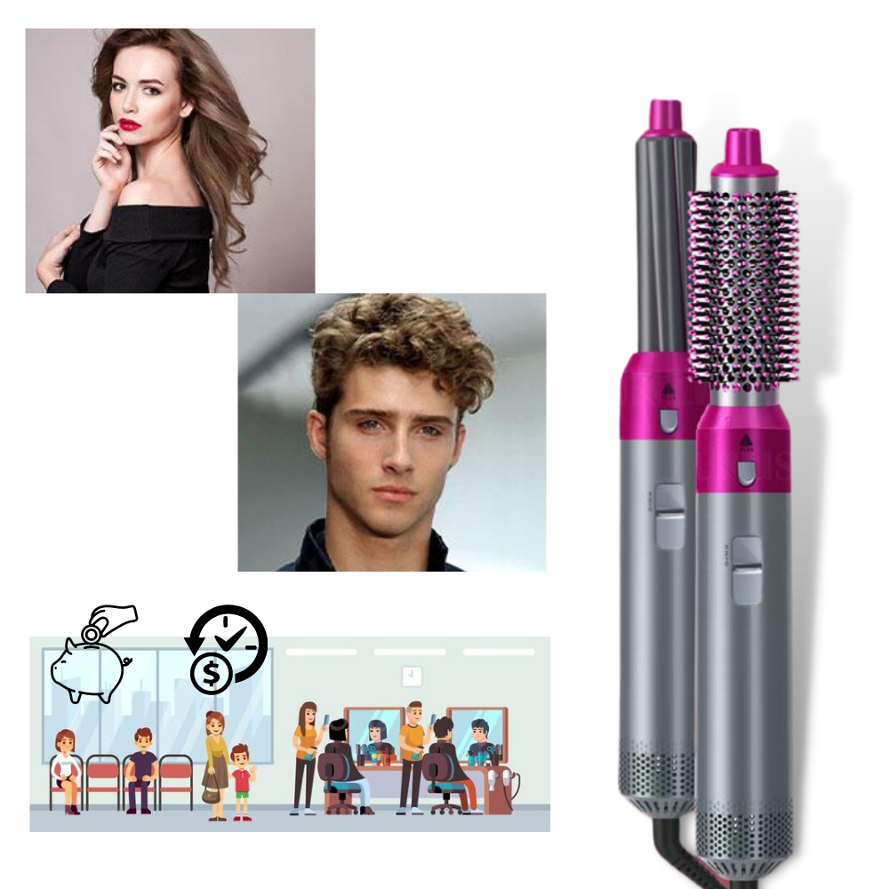 Conjunto de cuidado capilar Duztion com cinco ferramentas de styling para cabelos, em acabamento rosé, ideal para penteados variados.
