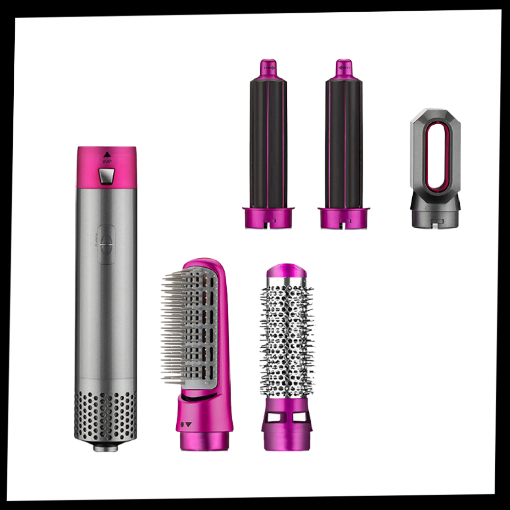 Conjunto de cuidado capilar Duztion 5 em 1 com lisseur de cabelo rosa, incluindo acessórios para alisar, modelar e cuidar dos fios.