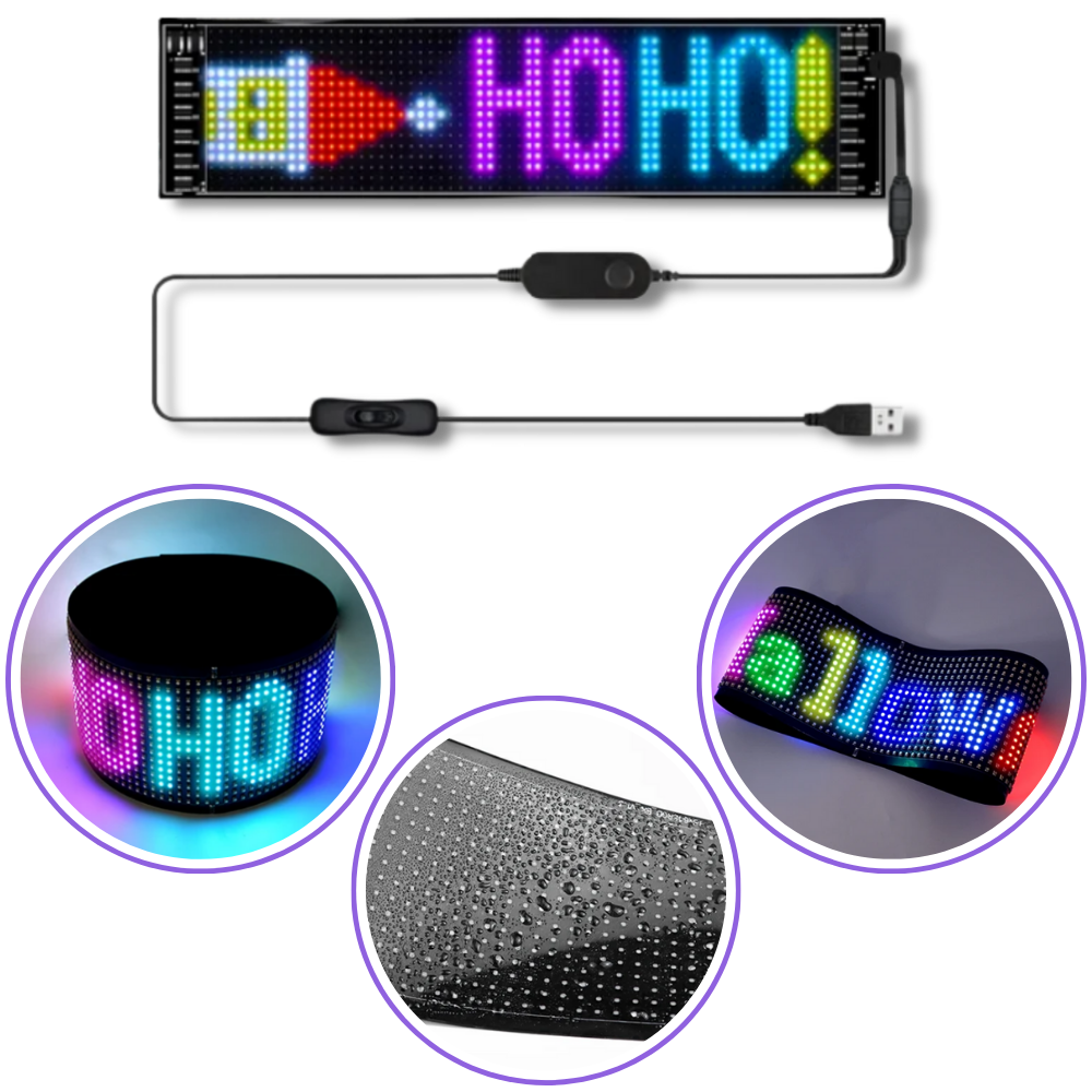 Painel LED personalizável e flexível da Dyttdo, sinalética de 17x7 cm, com iluminação eficiente e design adaptável.
