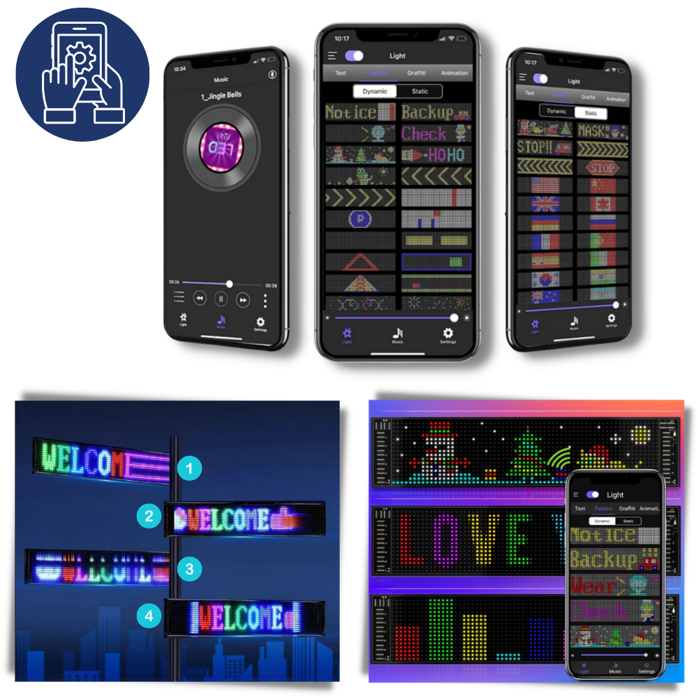 Painel LED personalizável e flexível da Dyttdo para sinalização, com tamanho de 17x7 cm e design ajustável.