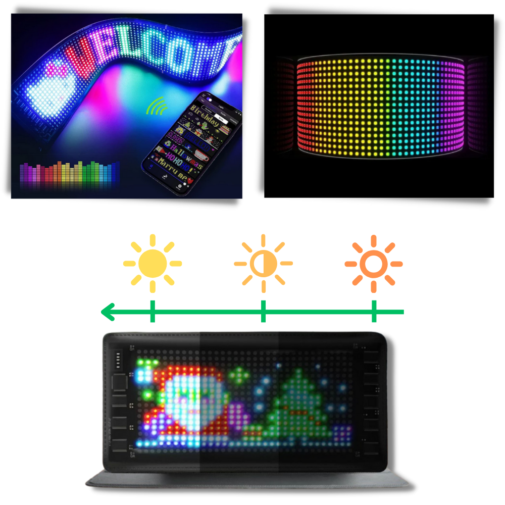Painel LED personalizável e flexível da Dyttdo, sinalização de 17x7 cm com iluminação ajustável e design adaptável.