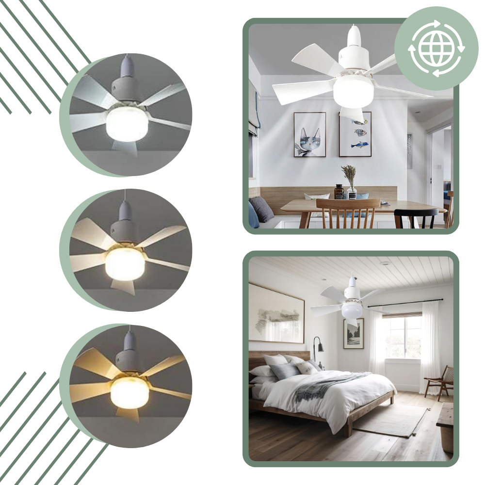 Ventilador de teto Green Scenic com lâmpada e soquete E27, ideal para calefação e ar condicionado, compatível com várias lâmpadas.