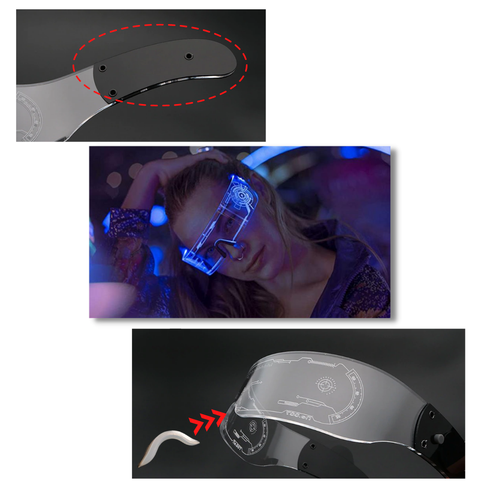 Óculos de sol East-Tamaki com lentes LED coloridas, armação moderna e design vibrante para estilo e diversão.