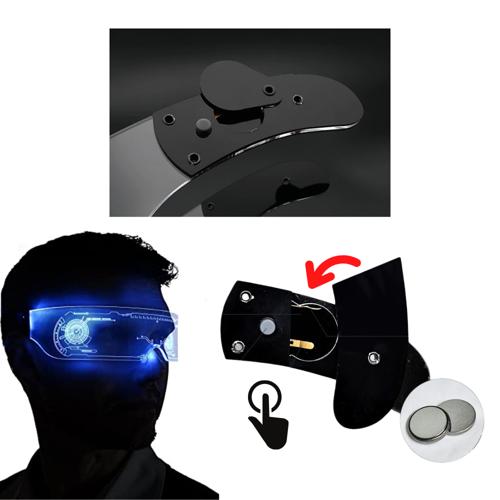 Óculos de sol East-Tamaki com luzes LED coloridas, armação moderna e lentes espelhadas brilhantes, estilo vibrante e divertido.