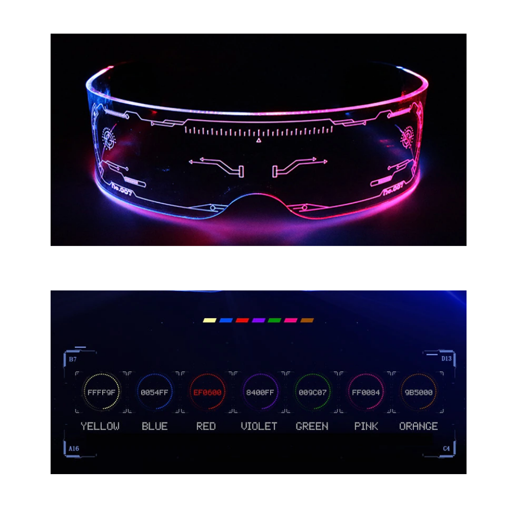 Óculos de sol East-Tamaki com lentes LED coloridas, design moderno e detalhes vibrantes em cores variadas.