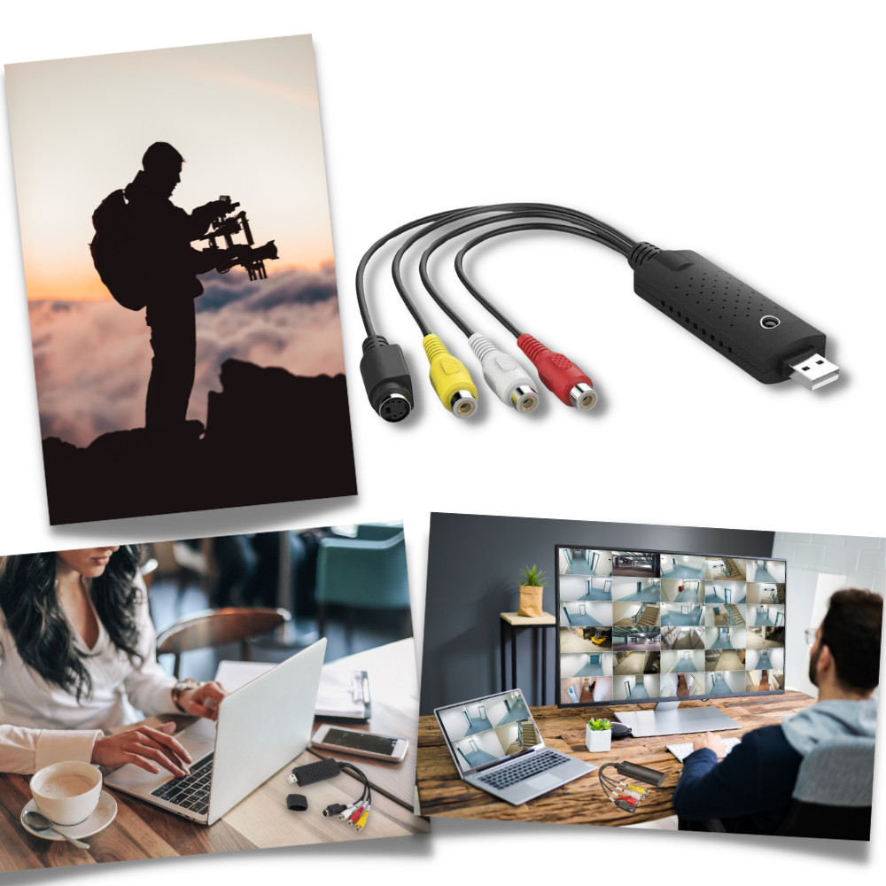 Adaptador USB 2.0 Eastjing para captura de vídeo de TV, DVD, VHS e DVR, conectado a dispositivo eletrônico.