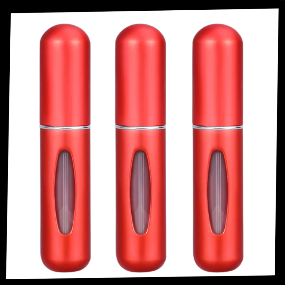 Conjunto de 3 mini frascos de perfume recarregáveis de viagem Eastjing, com design vermelho e compacto.