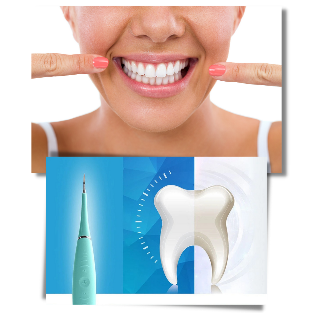 Máquina de dente da Eccomum para cuidados bucais, dispositivo azul para remover tártaro dental, em uso na imagem