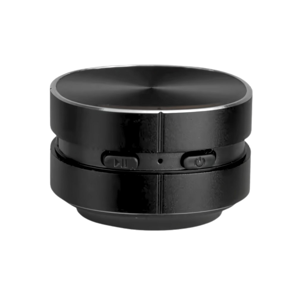 Mini-enceinte sem fio Dura Mobi preta, componente de áudio portátil com design compacto e botões de controle visíveis.