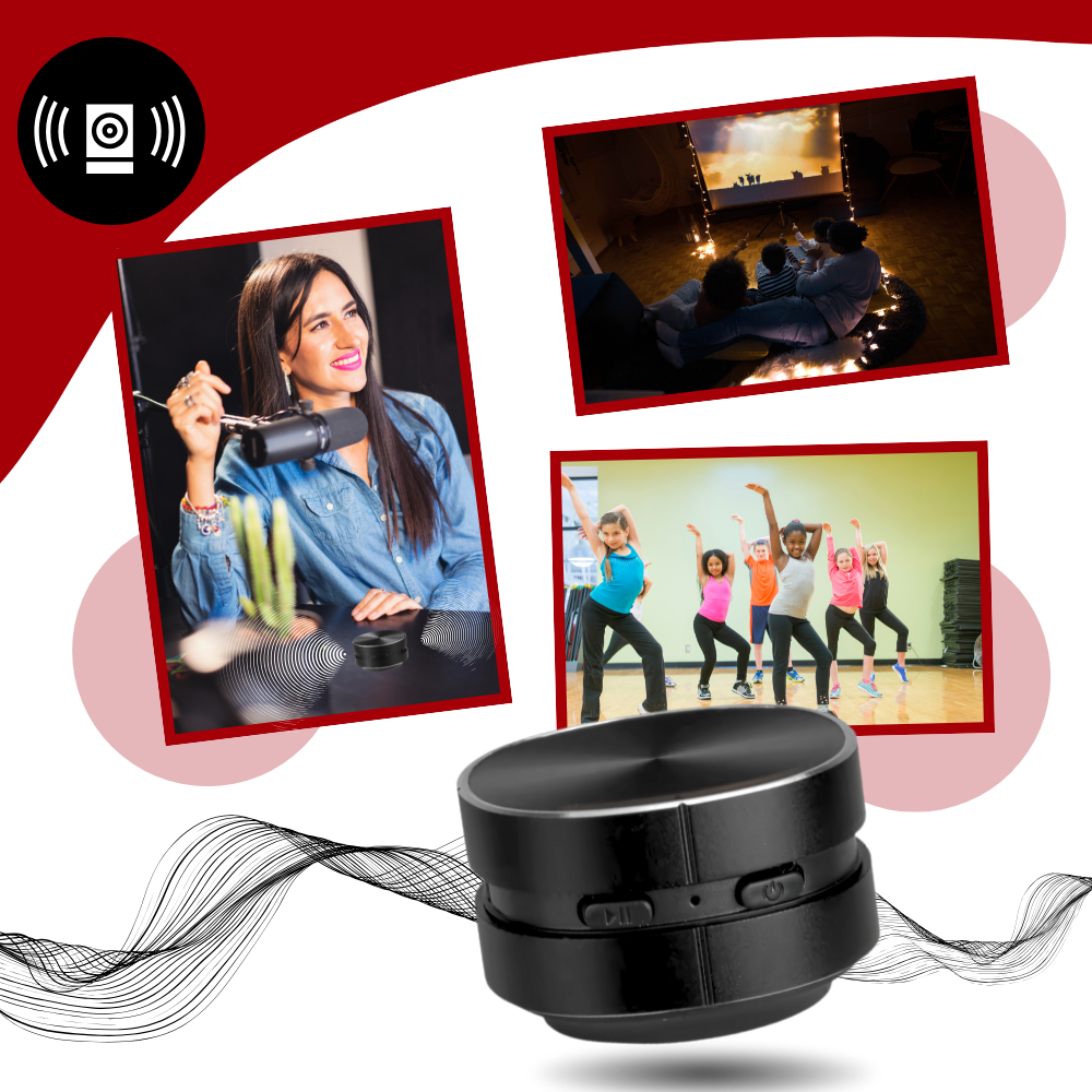 Mini-enceinte sem fio Dura Mobi, componente de áudio portátil com design compacto e botões de controle visíveis.