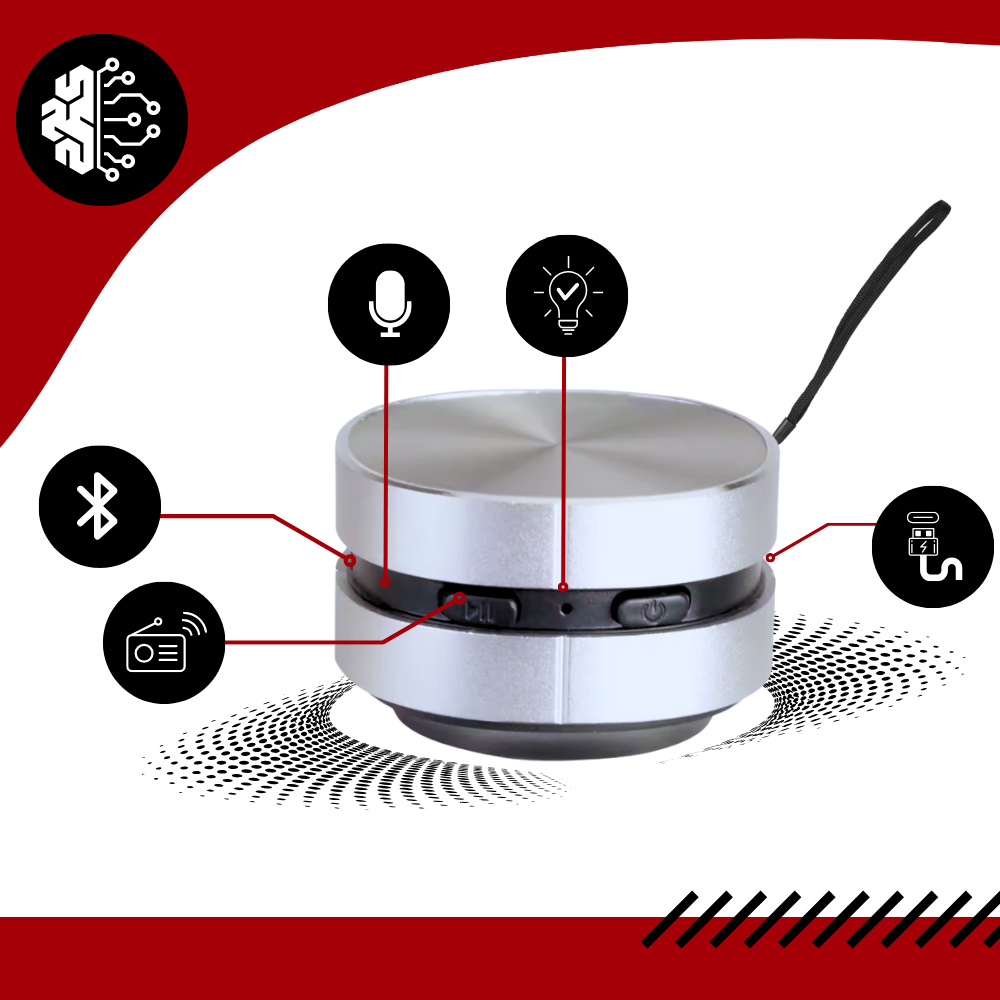 Mini-enceinte sem fio Dura Mobi, componente de áudio portátil com design compacto e conexão Bluetooth.