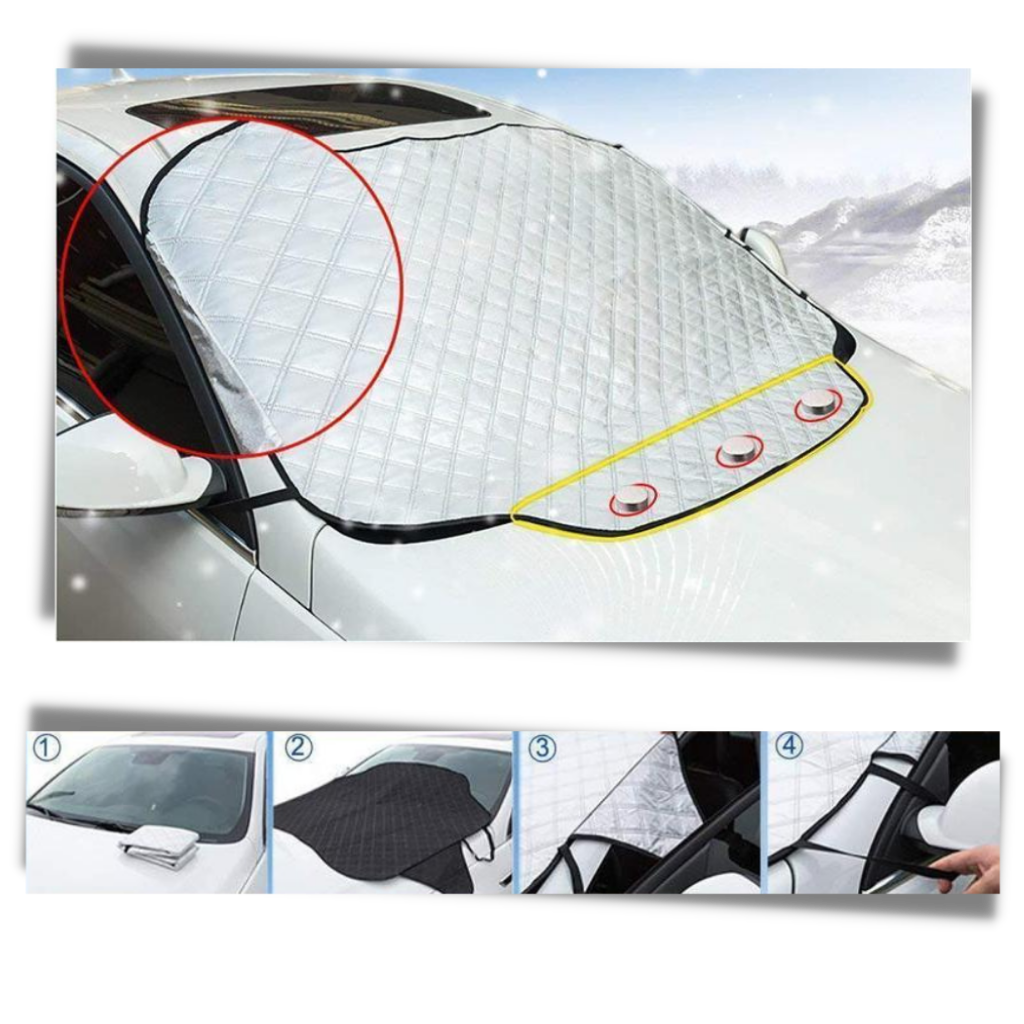 Bâche magnética para para-brisa de veículos, usada para proteção e decoração, marca Econur, em uma instalação automotiva.