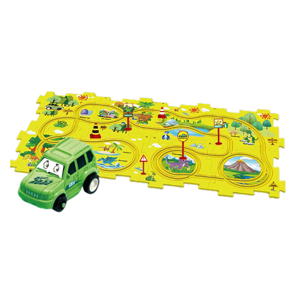 Conjunto de pista educativa para carros elétricos com dinossauro, composto por 15 peças, brinquedo educativo da marca Xinyux.