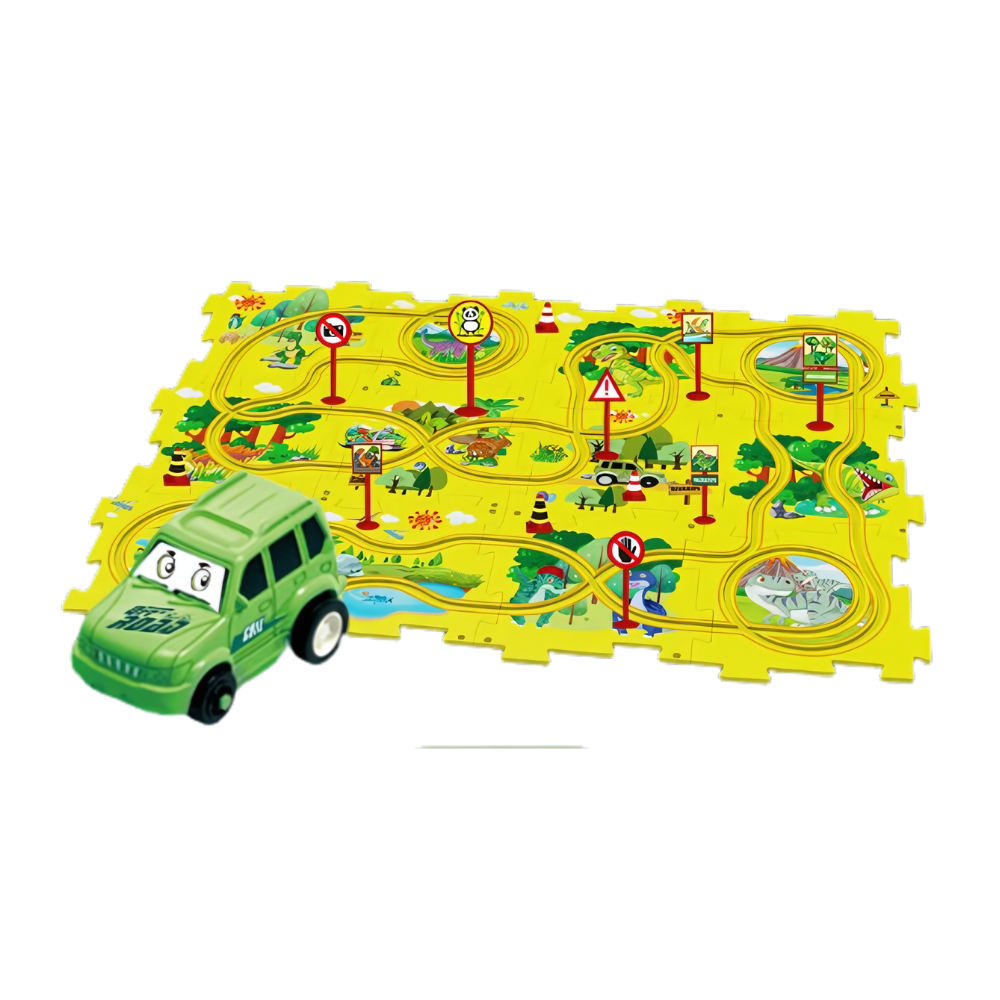 Conjunto de brinquedos educativos Xinyux com pista de carros elétricos e dinossauro, 25 peças para diversão e aprendizado.