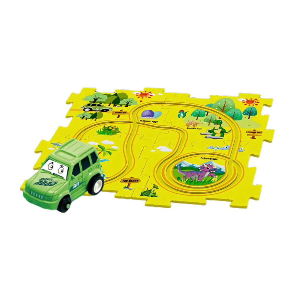 Conjunto de pista educativa para carros elétricos com tema de dinossauro, composto por 5 peças, brinquedo de aprendizado da Xinyux.
