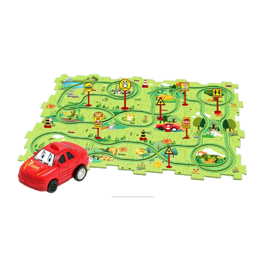 Conjunto de pista educativa para carros elétricos Xinyux com 25 peças, incluindo elementos de floresta para brincadeiras educativas.