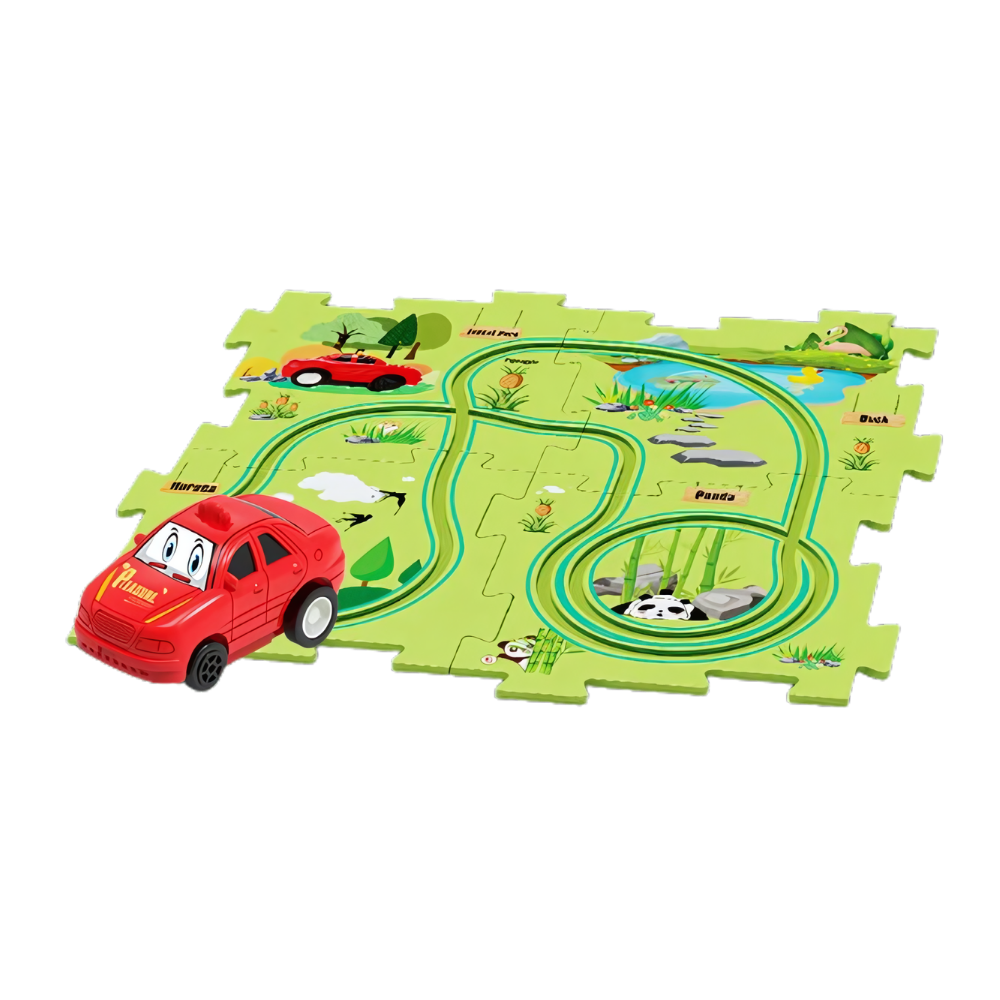 Conjunto de pista de carros elétricos da Xinyux, brinquedo educativo com percurso em floresta, composto por 5 peças para crianças.