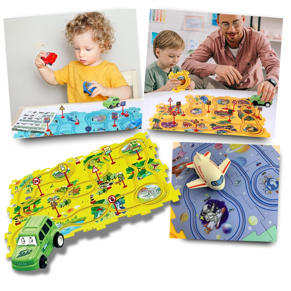 Conjunto de pista educativa para carros elétricos da Xinyux, com curvas e obstáculos para diversão e aprendizado.