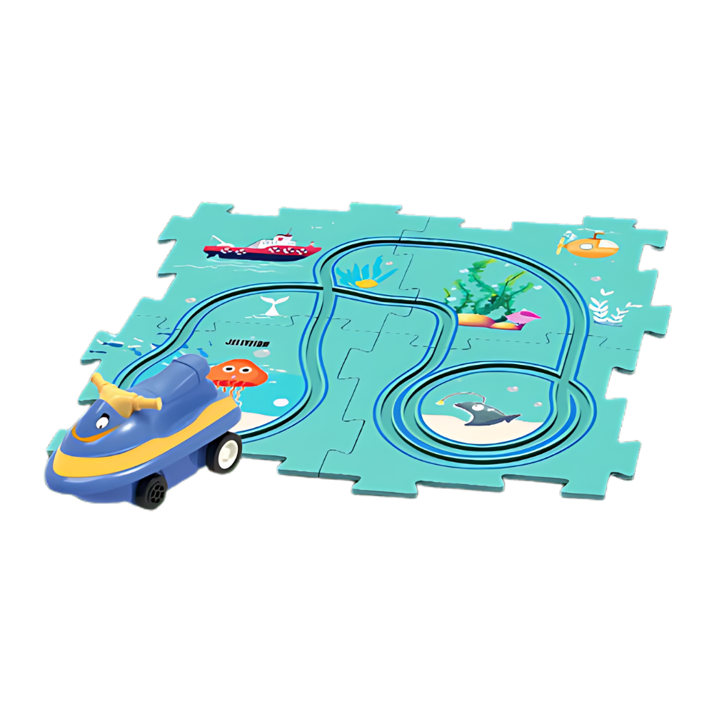 Conjunto de pista educativa para carros elétricos da Xinyux, com cinco peças de pista com tema oceano e acessórios.
