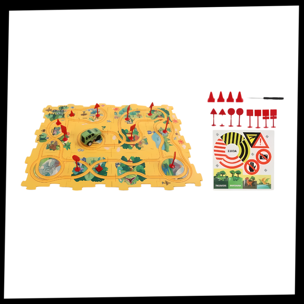 Conjunto de pista educativa para carros elétricos da Xinyux, com peças coloridas e espaço para diversão e aprendizado.