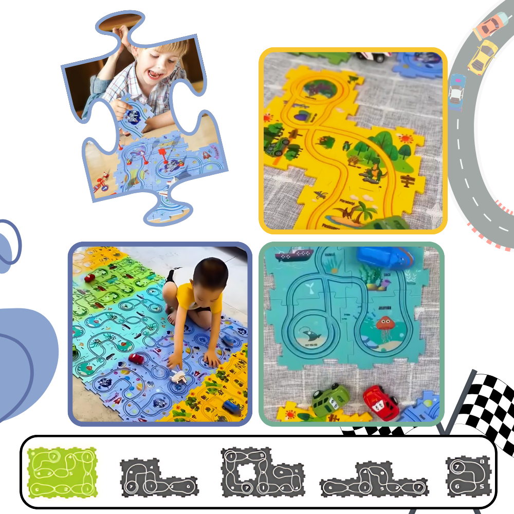 Quebra-cabeça de pista de carros educativo e divertido da Twinkseal, com peças coloridas de puzzles clássicos para crianças.