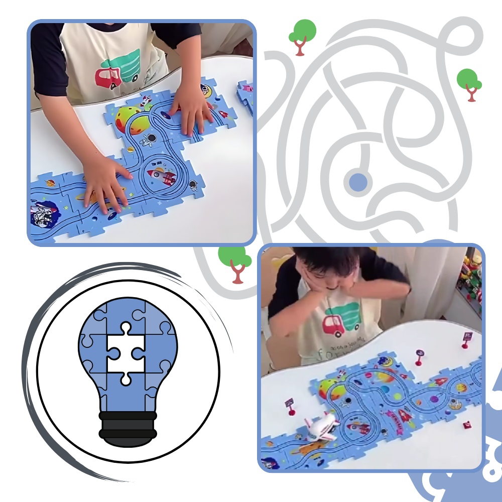 Quebra-cabeça clássico de pista de carros educativo da Twinkseal, com peças coloridas e detalhes de veículos para aprendizado e diversão.