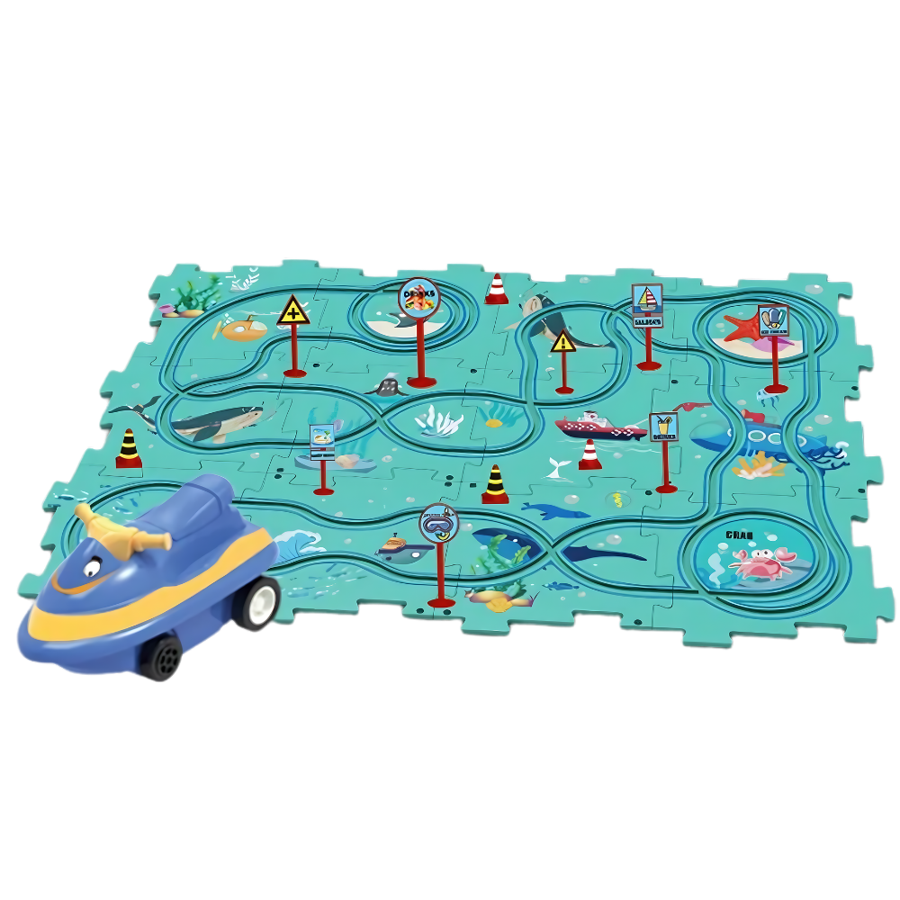 Quebra-cabeça clássico Twinkseal de pista de carros educativa e divertida com tema oceano, com peças coloridas e detalhes de carros.