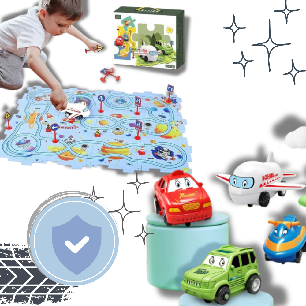 Quebra-cabeça clássico da Twinkseal com pista de carros educativa e divertida, peças coloridas e seguras para crianças.