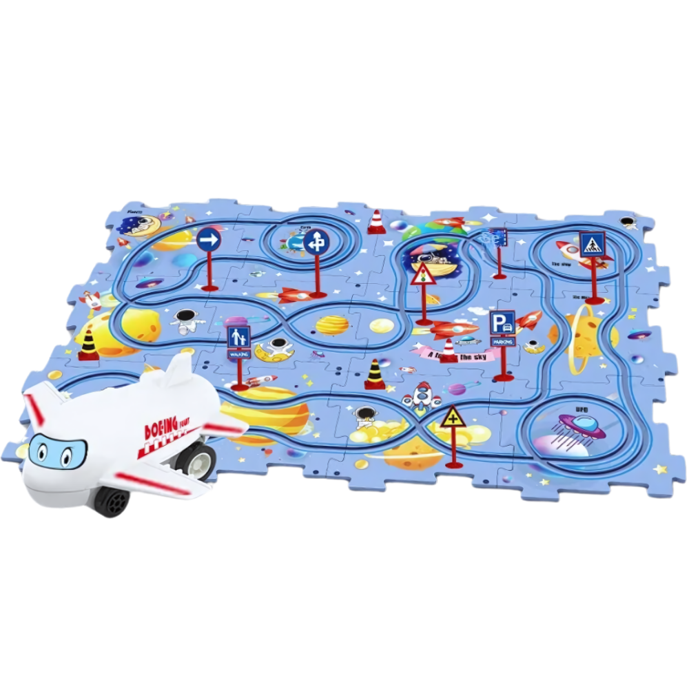 Quebra-cabeça clássico de pista de carros educativa e divertida da Twinkseal, com peças coloridas e design espacial.